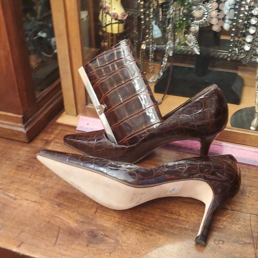 Amalfi Dark Brown Croc-Patterned Heels with matching mini clutch